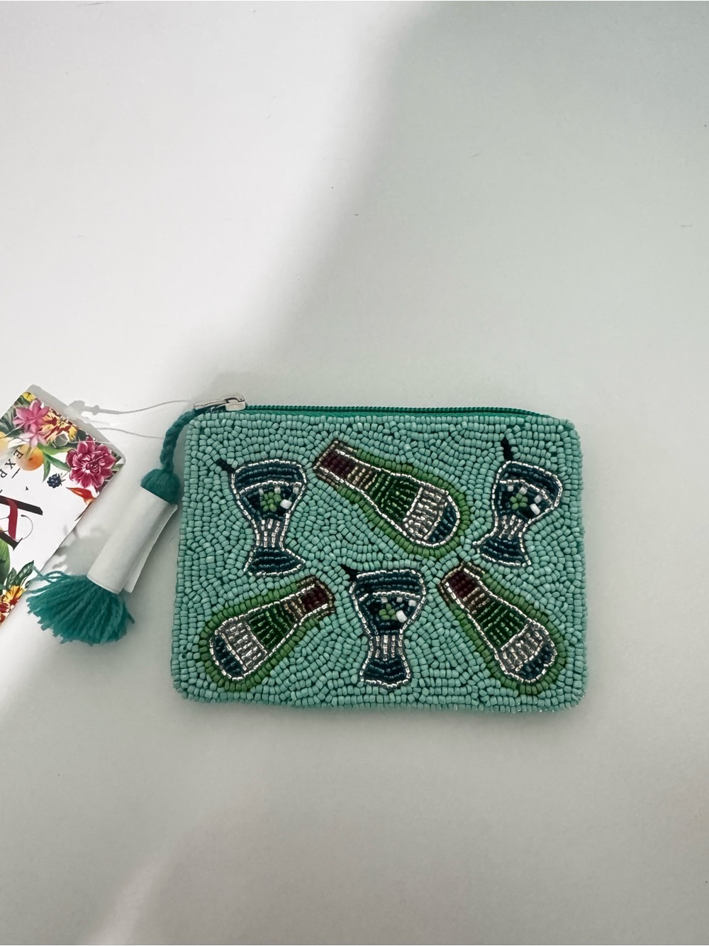 Viral Beaded Bag Green Champagne Bottle Beaded Zipper Pouch New with Tags